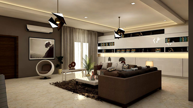 Home rectangular white coffee table near brown leather sofa